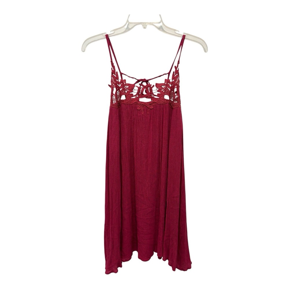 She‎ + Sky Dress Womens Small Burgundy Gauze Babydoll Lace Tie Back Lined